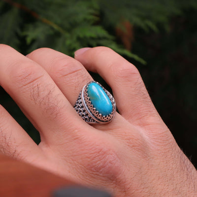 Kermani Feroza Stone Ring | Natural Blue Turquoise Stone Ring | Sterling Silver 92.5 | Geniune Feroza Stone | US Size 11 - AlAliGems