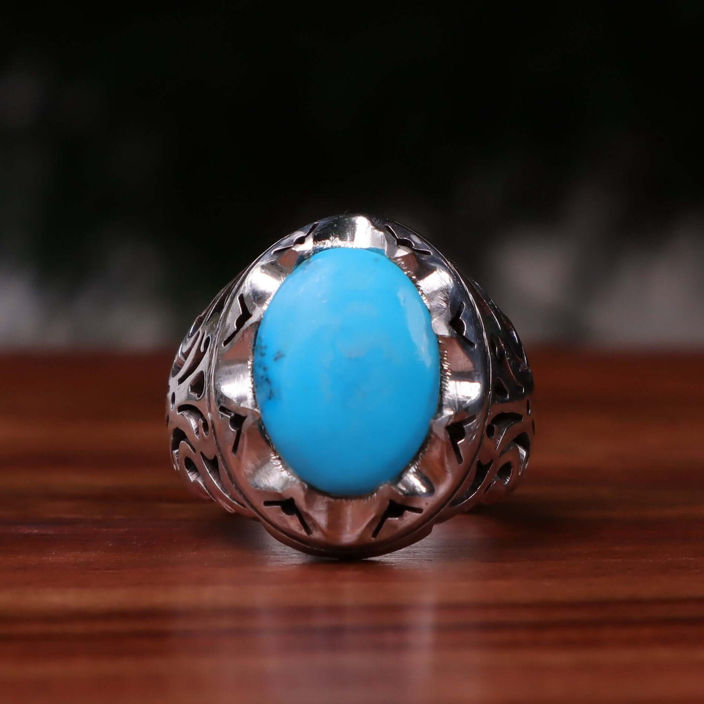 Kermani Feroza Stone Ring | Natural Blue Turquoise Stone Ring | Sterling Silver 92.5 | Geniune Feroza Stone | US Size 9 - AlAliGems