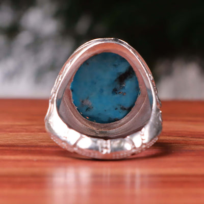 Kermani Feroza Stone Ring | Natural Blue Turquoise Stone Ring | Sterling Silver 92.5 | Geniune Feroza Stone | US Size 12 - AlAliGems