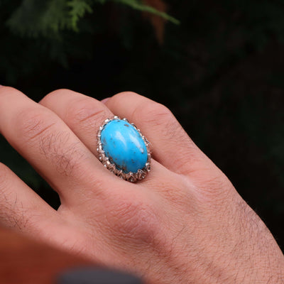 Kermani Feroza Stone Ring | Natural Blue Turquoise Stone Ring | Sterling Silver 92.5 | Geniune Feroza Stone | US Size 11.5 - AlAliGems