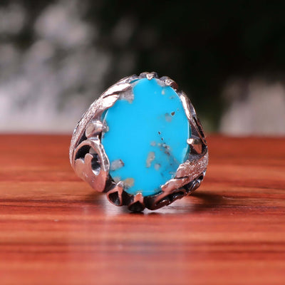 Kermani Feroza Stone Ring | Natural Blue Turquoise Stone Ring | Sterling Silver 92.5 | Geniune Feroza Stone | US Size 10 - AlAliGems