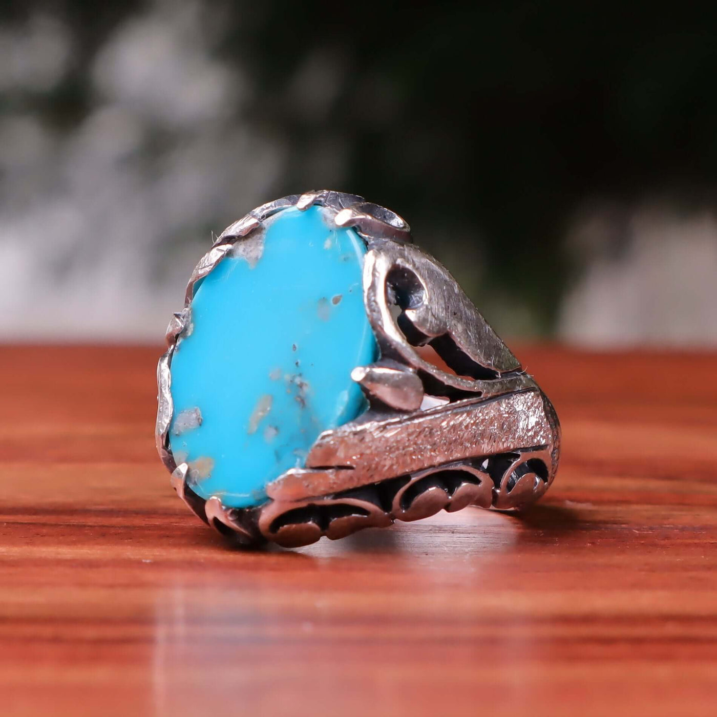 Kermani Feroza Stone Ring | Natural Blue Turquoise Stone Ring | Sterling Silver 92.5 | Geniune Feroza Stone | US Size 10 - AlAliGems