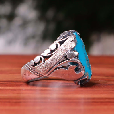 Kermani Feroza Stone Ring | Natural Blue Turquoise Stone Ring | Sterling Silver 92.5 | Geniune Feroza Stone | US Size 10 - AlAliGems