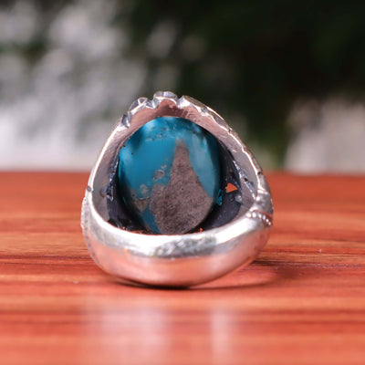 Kermani Feroza Stone Ring | Natural Blue Turquoise Stone Ring | Sterling Silver 92.5 | Geniune Feroza Stone | US Size 10 - AlAliGems