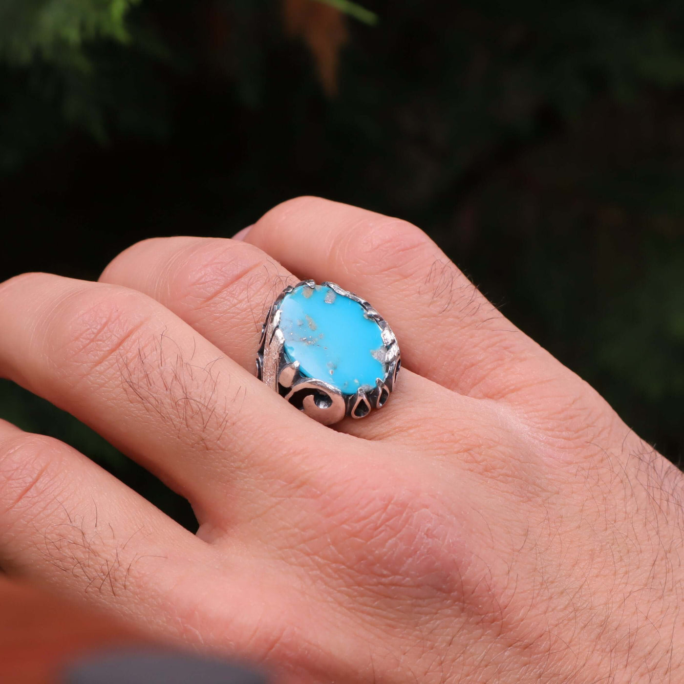 Kermani Feroza Stone Ring | Natural Blue Turquoise Stone Ring | Sterling Silver 92.5 | Geniune Feroza Stone | US Size 10 - AlAliGems