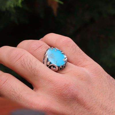 Kermani Feroza Stone Ring | Natural Blue Turquoise Stone Ring | Sterling Silver 92.5 | Geniune Feroza Stone | US Size 10 - AlAliGems