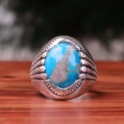 Kermani Feroza Stone Ring | Natural Blue Turquoise Stone Ring | Sterling Silver 92.5 | Geniune Feroza Stone | US Size 11 - AlAliGems