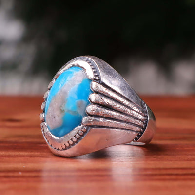 Kermani Feroza Stone Ring | Natural Blue Turquoise Stone Ring | Sterling Silver 92.5 | Geniune Feroza Stone | US Size 11 - AlAliGems