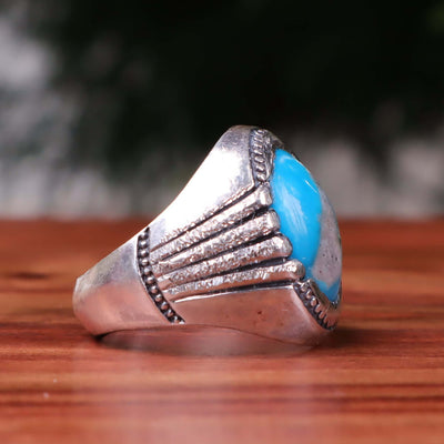 Kermani Feroza Stone Ring | Natural Blue Turquoise Stone Ring | Sterling Silver 92.5 | Geniune Feroza Stone | US Size 11 - AlAliGems