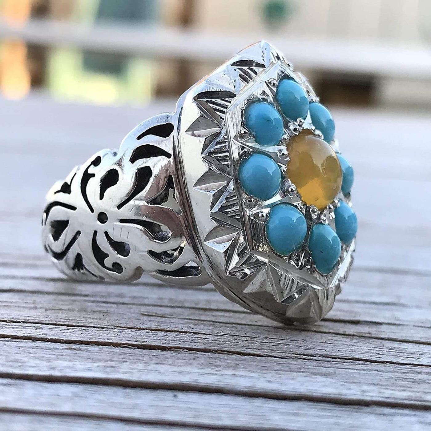 Persian Sterling Silver Turquoise Opal Ring | Neyshabur Turquoise Ring | US Size 12 - Al Ali Gems
