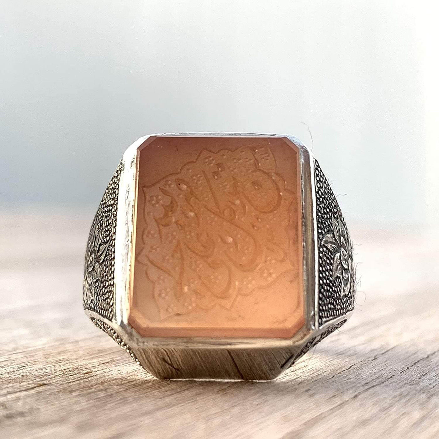 Orange Yemeni Aqeeq For Men | Aqeeq Ring For Men | AlAliGems | Hand Engraved (Wa Man Yatawakkal Al Allah) Size 10.5 - Al Ali Gems