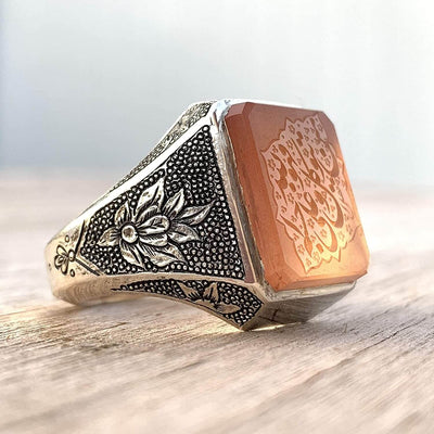 Orange Yemeni Aqeeq For Men | Aqeeq Ring For Men | AlAliGems | Hand Engraved (Wa Man Yatawakkal Al Allah) Size 10.5 - Al Ali Gems