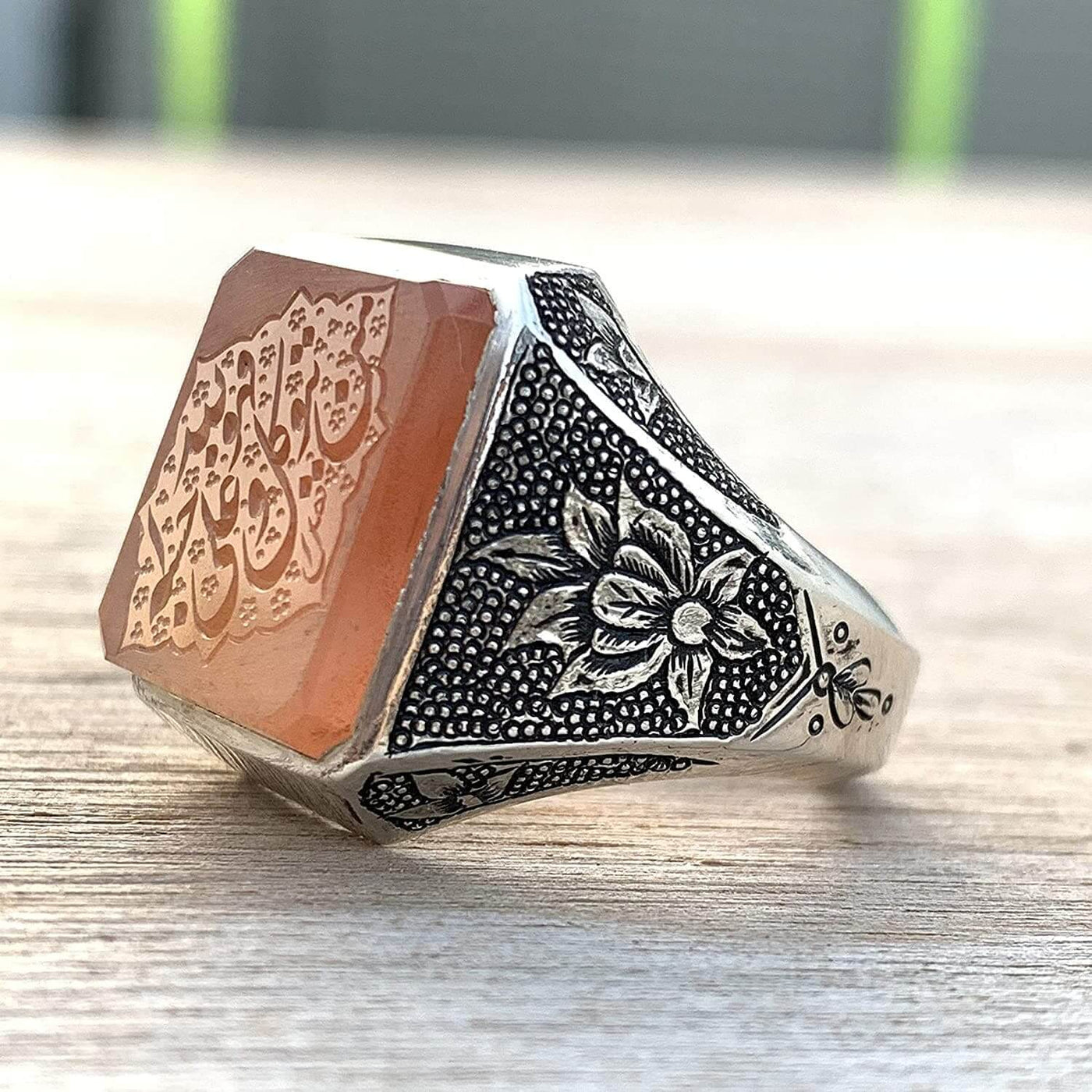 Orange Yemeni Aqeeq For Men | Aqeeq Ring For Men | AlAliGems | Hand Engraved (Wa Man Yatawakkal Al Allah) Size 10.5 - Al Ali Gems