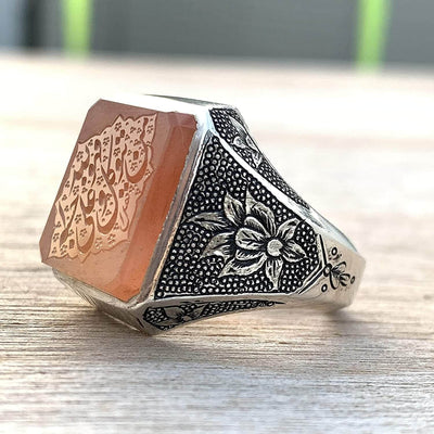 Orange Yemeni Aqeeq For Men | Aqeeq Ring For Men | AlAliGems | Hand Engraved (Wa Man Yatawakkal Al Allah) Size 10.5 - Al Ali Gems