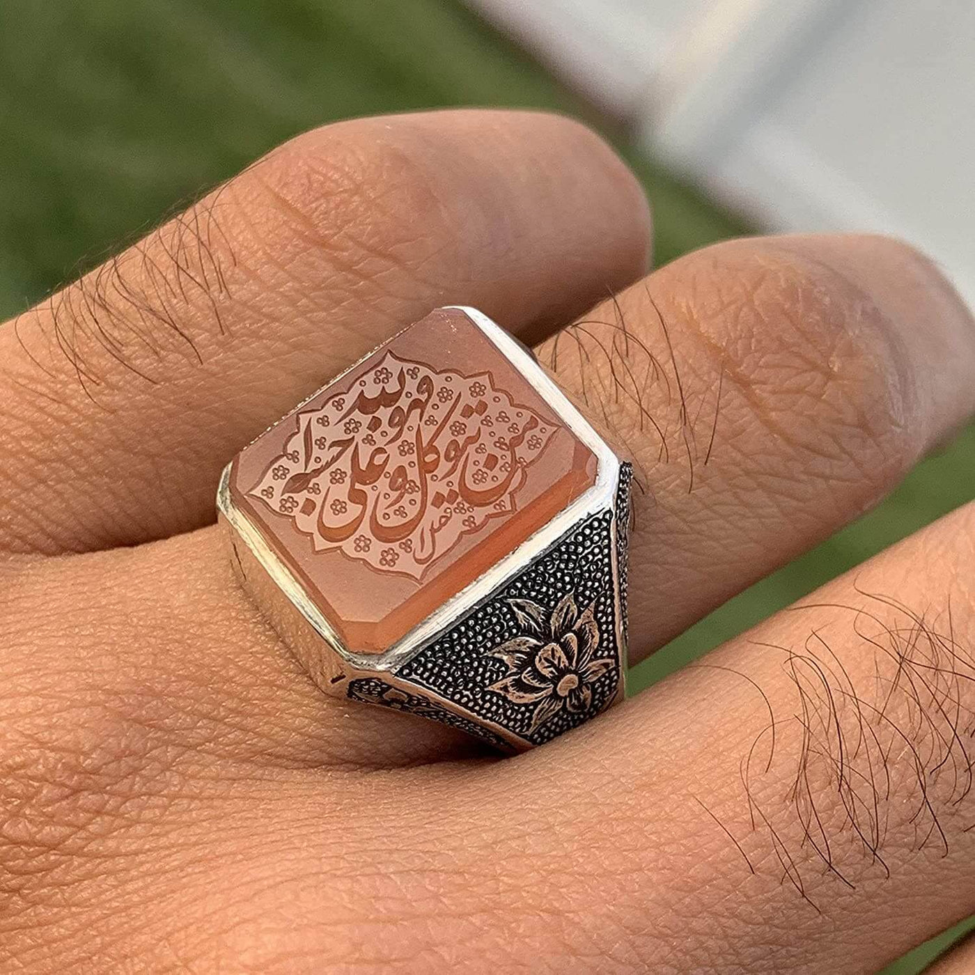 Orange Yemeni Aqeeq For Men | Aqeeq Ring For Men | AlAliGems | Hand Engraved (Wa Man Yatawakkal Al Allah) Size 10.5 - Al Ali Gems