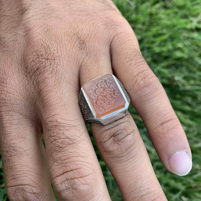 Orange Yemeni Aqeeq For Men | Aqeeq Ring For Men | AlAliGems | Hand Engraved (Wa Man Yatawakkal Al Allah) Size 10.5 - Al Ali Gems