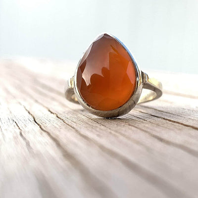 Pear Shape Orange Aqeeq Stone Sterling Silver For Women | Yemeni Handmade | AlAliGems Size 7.5 - Al Ali Gems