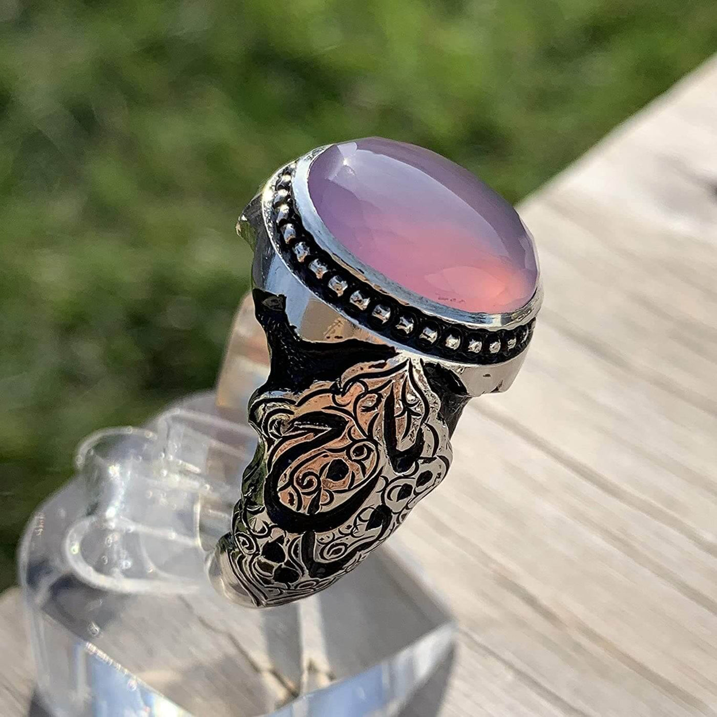Purple Yemeni Aqeeq Agate | خاتم عقيق يمني بنفسجي | Engraved On The Side Silver 950K | Hand Engraved | US Size 12 - Al Ali Gems