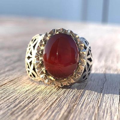 Red Aqeeq Ring For Men | Yemeni Aqeeq Ring | Plain Red Aqeeq | Fully Handmade S925 | US Size 11 - Al Ali Gems