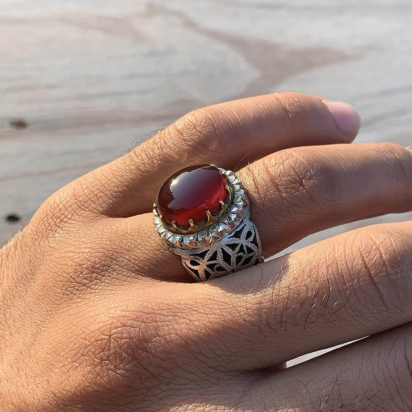 Red Aqeeq Ring For Men | Yemeni Aqeeq Ring | Plain Red Aqeeq | Fully Handmade S925 | US Size 11 - Al Ali Gems