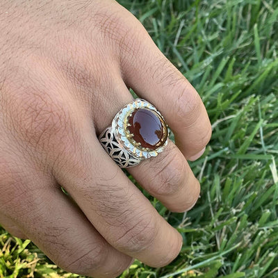 Red Aqeeq Ring For Men | Yemeni Aqeeq Ring | Plain Red Aqeeq | Fully Handmade S925 | US Size 11 - Al Ali Gems