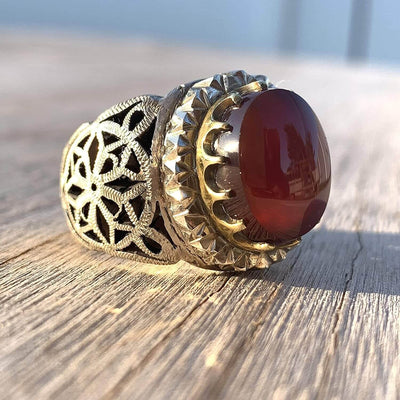 Red Aqeeq Ring For Men | Yemeni Aqeeq Ring | Plain Red Aqeeq | Fully Handmade S925 | US Size 11 - Al Ali Gems