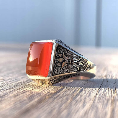 Red Aqeeq Ring Men | Yemeni Aqeeq Ring | Diamond Cut Plain Red Aqeeq | Fully Handmade Sterling Silver 925 US Size 10 - Al Ali Gems