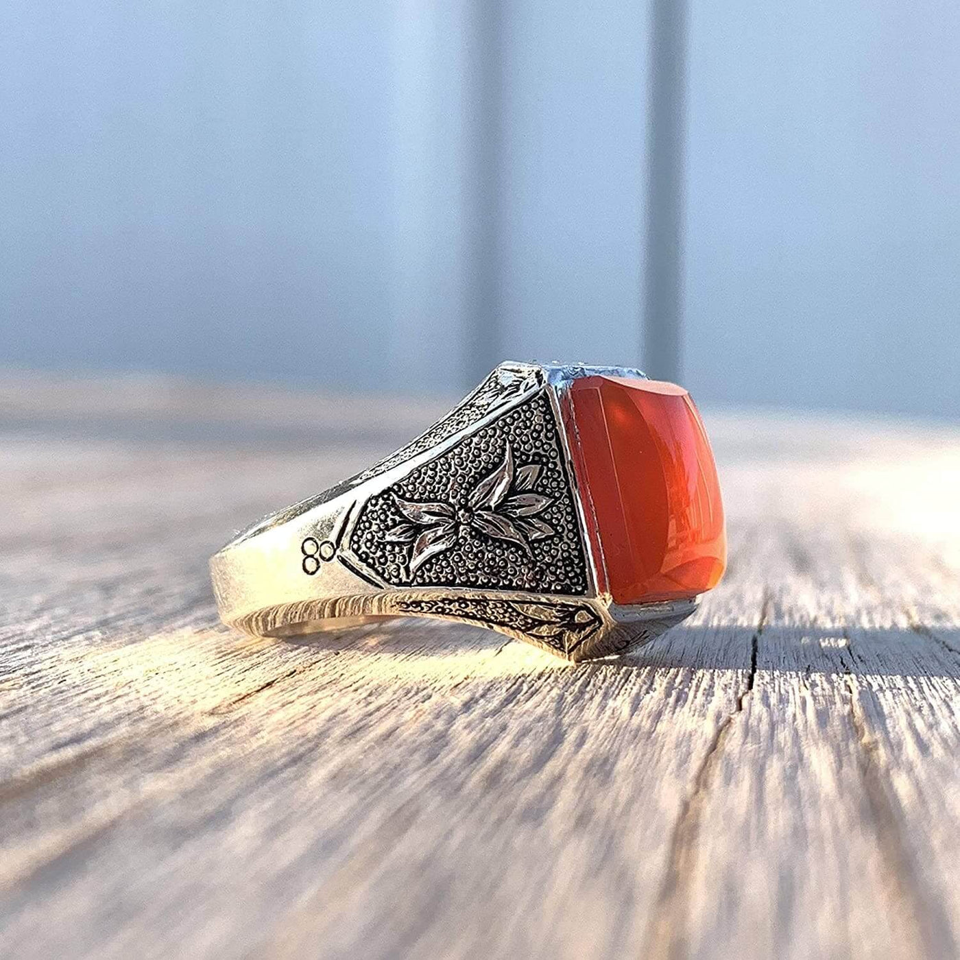 Red Aqeeq Ring Men | Yemeni Aqeeq Ring | Diamond Cut Plain Red Aqeeq | Fully Handmade Sterling Silver 925 US Size 10 - Al Ali Gems