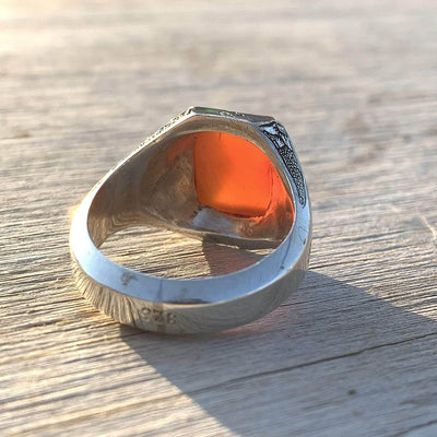 Red Aqeeq Ring Men | Yemeni Aqeeq Ring | Diamond Cut Plain Red Aqeeq | Fully Handmade Sterling Silver 925 US Size 10 - Al Ali Gems