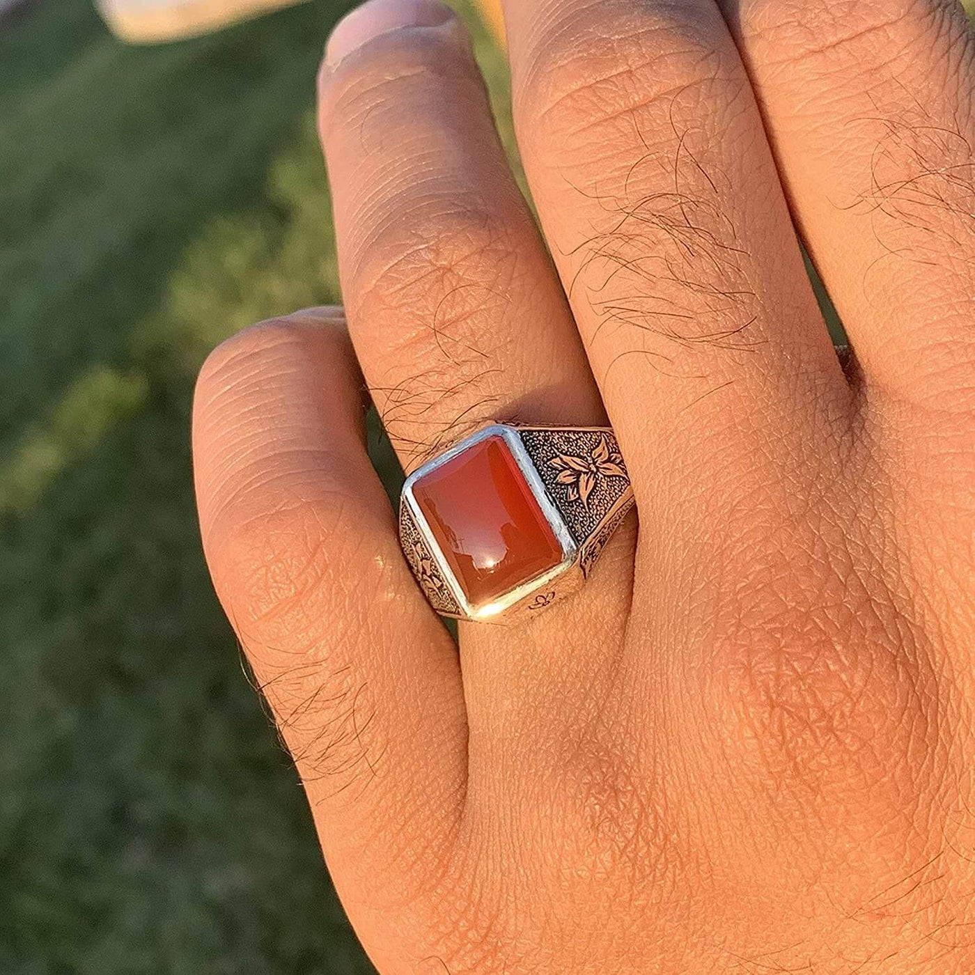 Red Aqeeq Ring Men | Yemeni Aqeeq Ring | Diamond Cut Plain Red Aqeeq | Fully Handmade Sterling Silver 925 US Size 10 - Al Ali Gems