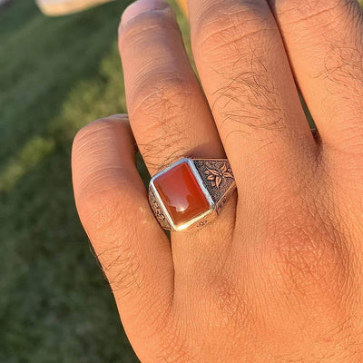 Red Aqeeq Ring Men | Yemeni Aqeeq Ring | Diamond Cut Plain Red Aqeeq | Fully Handmade Sterling Silver 925 US Size 10 - Al Ali Gems
