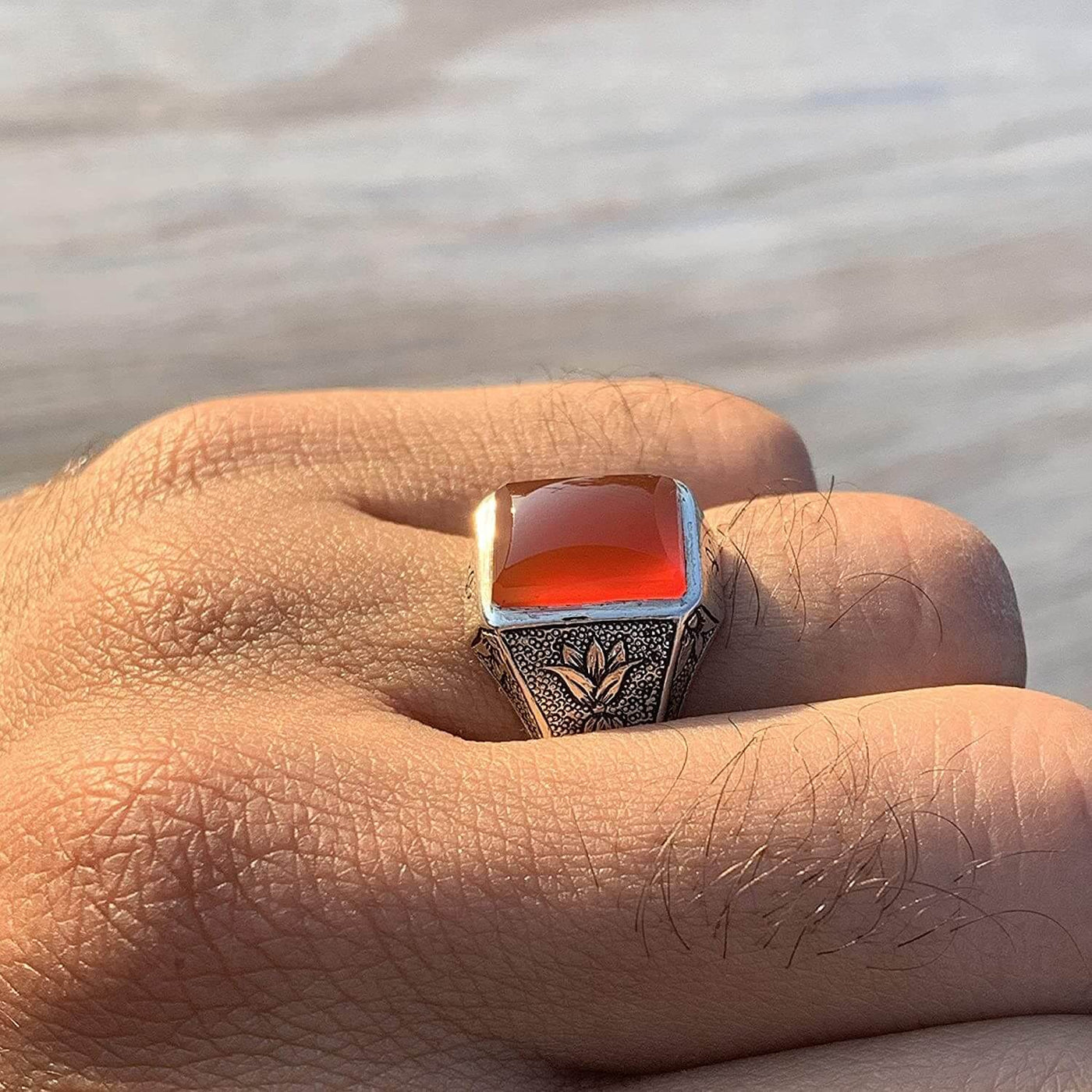 Red Aqeeq Ring Men | Yemeni Aqeeq Ring | Diamond Cut Plain Red Aqeeq | Fully Handmade Sterling Silver 925 US Size 10 - Al Ali Gems