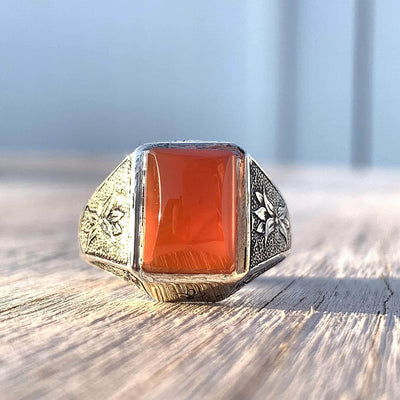 Red Aqeeq Ring Men | Yemeni Aqeeq Ring | Diamond Cut Plain Red Aqeeq | Fully Handmade Sterling Silver 925 US Size 10 - Al Ali Gems