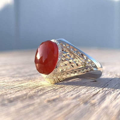 Red Aqeeq Ring Men | Yemeni Aqeeq Ring | Diamond Cut Plain Red Aqeeq | Fully Handmade Sterling Silver 925 US Size 11 - Al Ali Gems