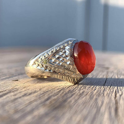 Red Aqeeq Ring Men | Yemeni Aqeeq Ring | Diamond Cut Plain Red Aqeeq | Fully Handmade Sterling Silver 925 US Size 11 - Al Ali Gems