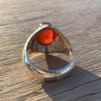 Red Aqeeq Ring Men | Yemeni Aqeeq Ring | Diamond Cut Plain Red Aqeeq | Fully Handmade Sterling Silver 925 US Size 11 - Al Ali Gems