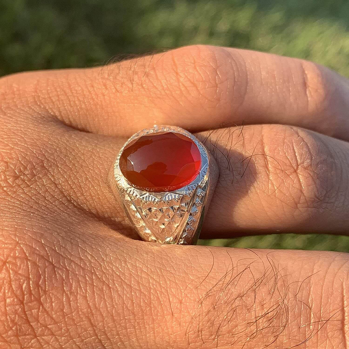 Red Aqeeq Ring Men | Yemeni Aqeeq Ring | Diamond Cut Plain Red Aqeeq | Fully Handmade Sterling Silver 925 US Size 11 - Al Ali Gems