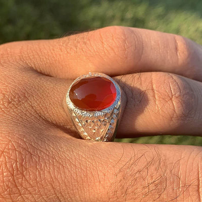 Red Aqeeq Ring Men | Yemeni Aqeeq Ring | Diamond Cut Plain Red Aqeeq | Fully Handmade Sterling Silver 925 US Size 11 - Al Ali Gems