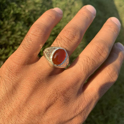 Red Aqeeq Ring Men | Yemeni Aqeeq Ring | Diamond Cut Plain Red Aqeeq | Fully Handmade Sterling Silver 925 US Size 11 - Al Ali Gems