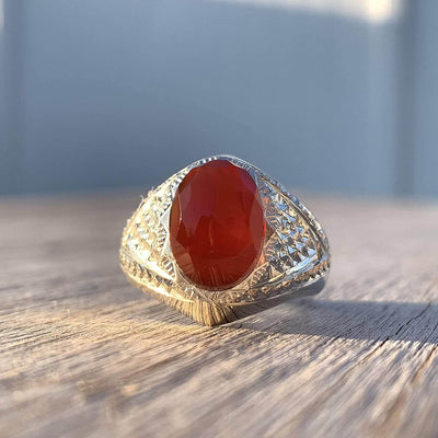 Red Aqeeq Ring Men | Yemeni Aqeeq Ring | Diamond Cut Plain Red Aqeeq | Fully Handmade Sterling Silver 925 US Size 11 - Al Ali Gems