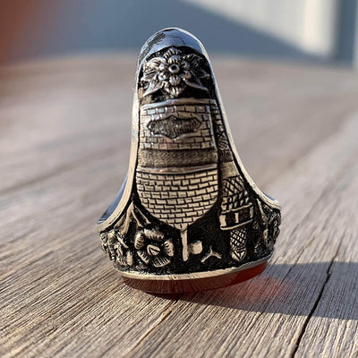 Red Aqeeq Ring Men | Yemeni Aqeeq Ring | Engraved Salawat | Fully Hand Engraved Imam Hussain Shrine | US Size 11 - Al Ali Gems