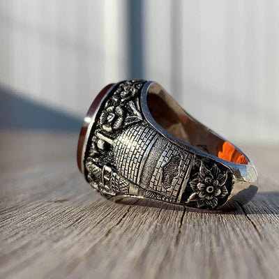 Red Aqeeq Ring Men | Yemeni Aqeeq Ring | Engraved Salawat | Fully Hand Engraved Imam Hussain Shrine | US Size 11 - Al Ali Gems