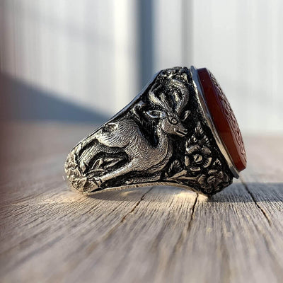 Red Aqeeq Ring Men | Yemeni Aqeeq Ring | Engraved Salawat | Fully Hand Engraved Imam Hussain Shrine | US Size 11 - Al Ali Gems