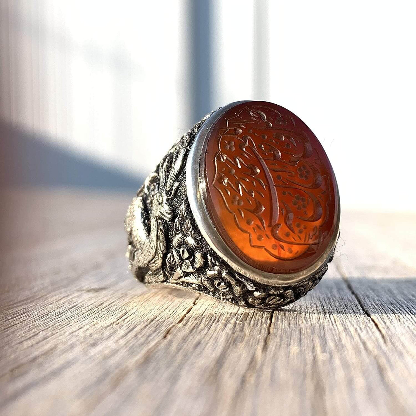 Red Aqeeq Ring Men | Yemeni Aqeeq Ring | Engraved Salawat | Fully Hand Engraved Imam Hussain Shrine | US Size 11 - Al Ali Gems