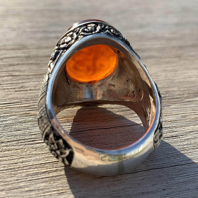 Red Aqeeq Ring Men | Yemeni Aqeeq Ring | Engraved Salawat | Fully Hand Engraved Imam Hussain Shrine | US Size 11 - Al Ali Gems