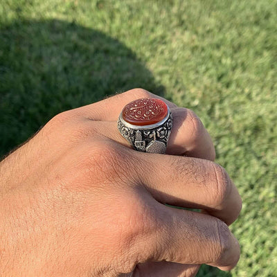 Red Aqeeq Ring Men | Yemeni Aqeeq Ring | Engraved Salawat | Fully Hand Engraved Imam Hussain Shrine | US Size 11 - Al Ali Gems