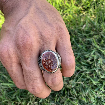 Red Aqeeq Ring Men | Yemeni Aqeeq Ring | Engraved Salawat | Fully Hand Engraved Imam Hussain Shrine | US Size 11 - Al Ali Gems