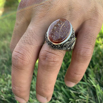 Red Aqeeq Ring Men | Yemeni Aqeeq Ring | Engraved Salawat | Fully Hand Engraved Imam Hussain Shrine | US Size 11 - Al Ali Gems