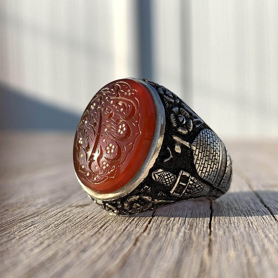 Red Aqeeq Ring Men | Yemeni Aqeeq Ring | Engraved Salawat | Fully Hand Engraved Imam Hussain Shrine | US Size 11 - Al Ali Gems