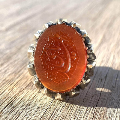 Red Aqeeq Ring Men | Yemeni Aqeeq Ring | Engraved Ya Mahdi | Red Liver Aqeeq | AlAliGems | US Size 9 - Al Ali Gems